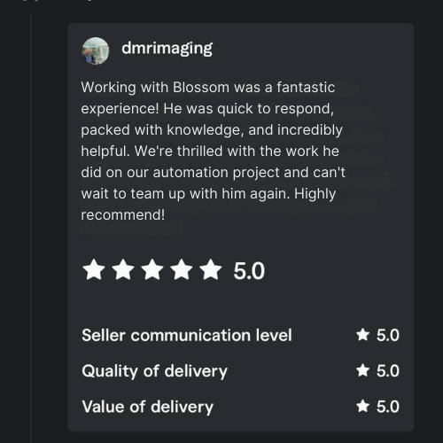 Working with Victor was a fantastic experience! He was quick to respond, packed with knowledge, and incredibly helpful. We're thrilled with the work he did on our automation project and can't wait